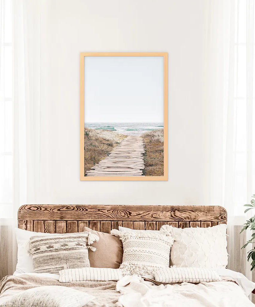 Beige Strandweg Wanddekoration. Moderner Boho-Druck