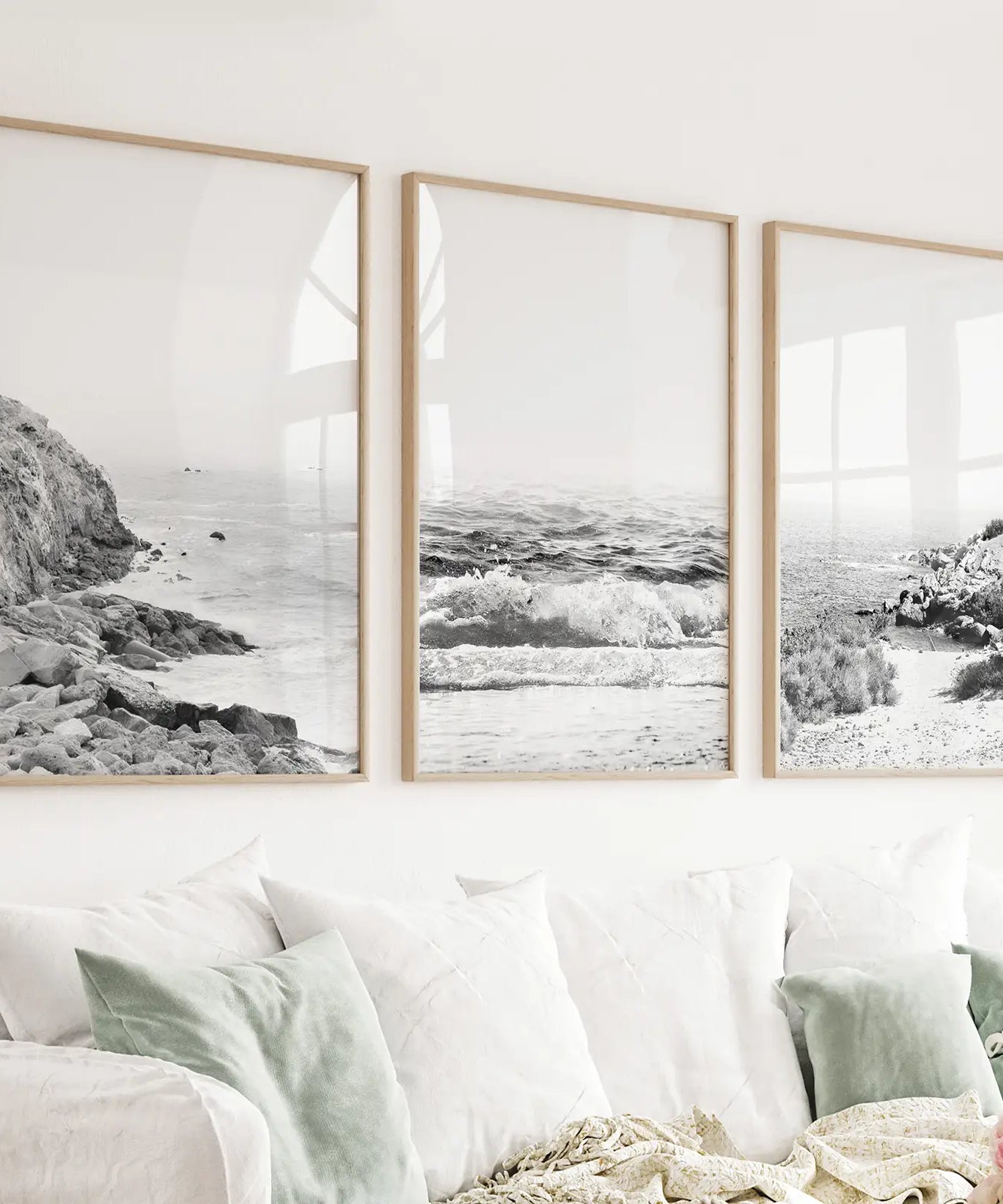 Coastal Black White Photography Set. Waves, Rocky Beach