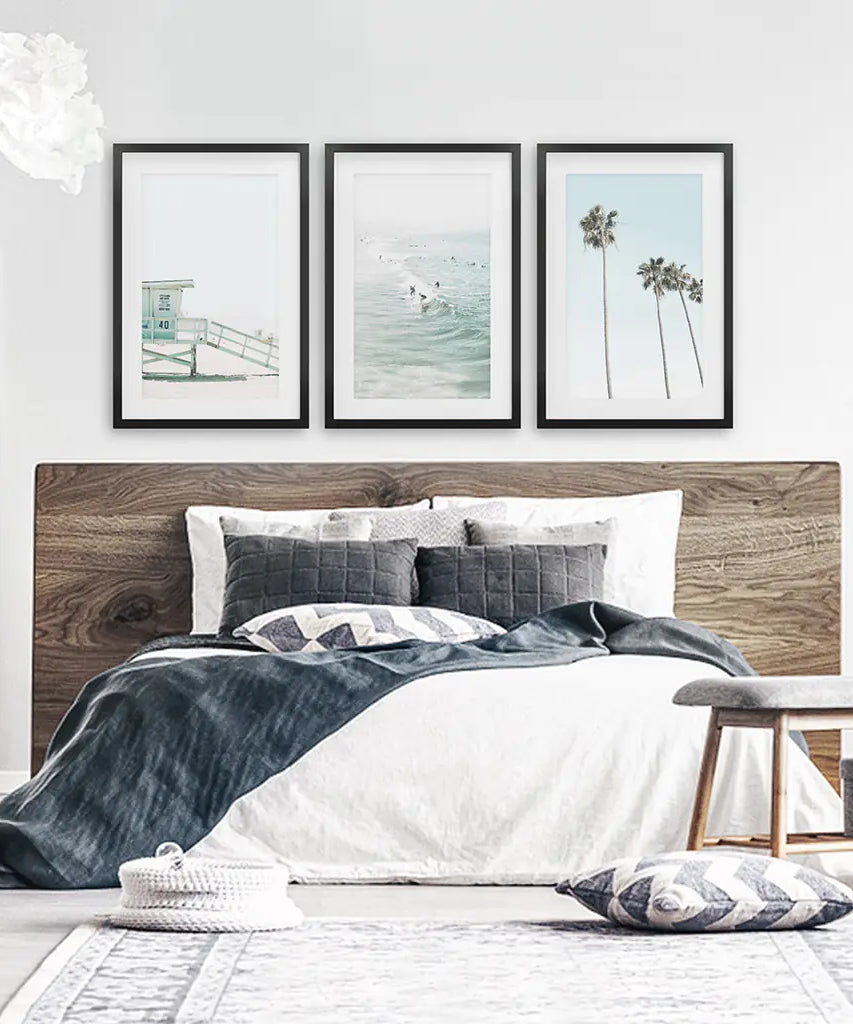 California Coastal Set of 3 Prints. Lifeguard, Surfers, Palms