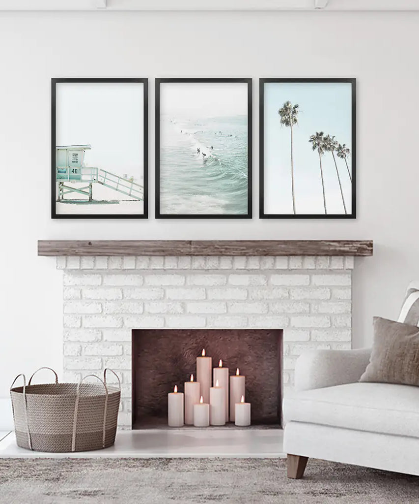 California Coastal Set of 3 Prints. Lifeguard, Surfers, Palms