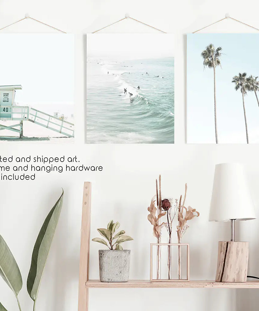 California Coastal Set of 3 Prints. Lifeguard, Surfers, Palms