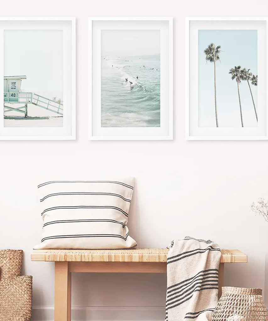 California Coastal Set of 3 Prints. Lifeguard, Surfers, Palms