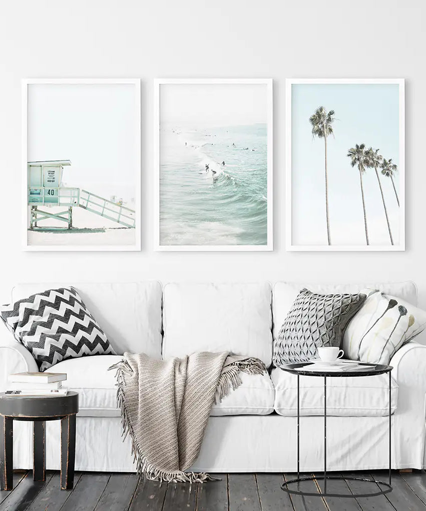 California Coastal Set of 3 Prints. Lifeguard, Surfers, Palms