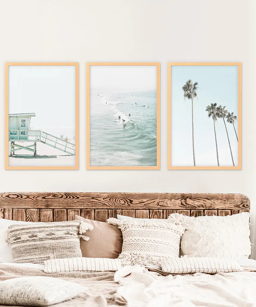 California Coastal Set of 3 Prints. Lifeguard, Surfers, Palms