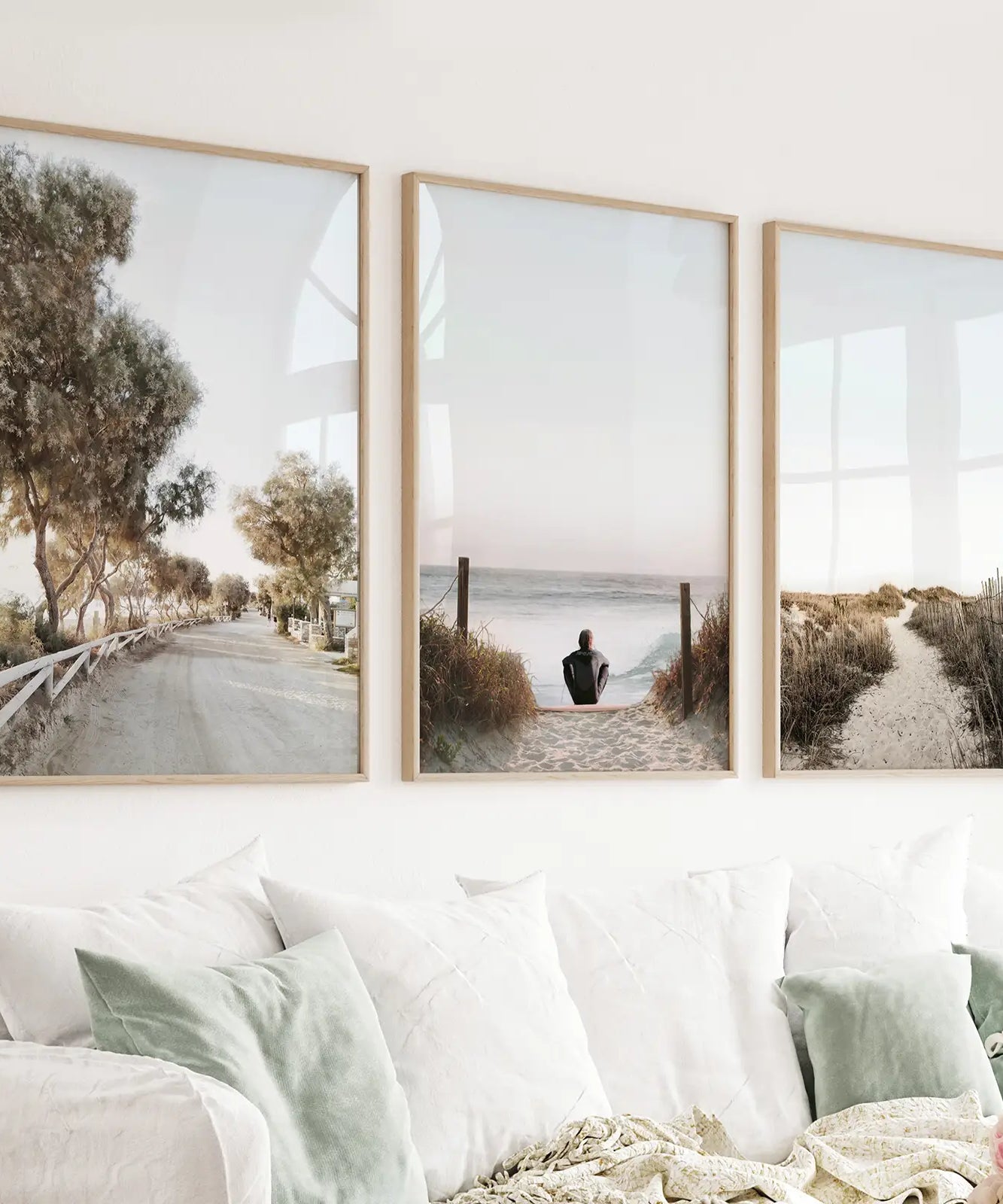Surfer on the Beach. Coastal 3 Piece Wall Art