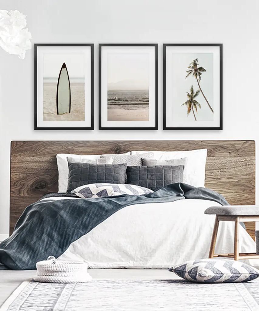Beige Tones Coastal Wall Art. Surfboard, Ocean Beach, Palm