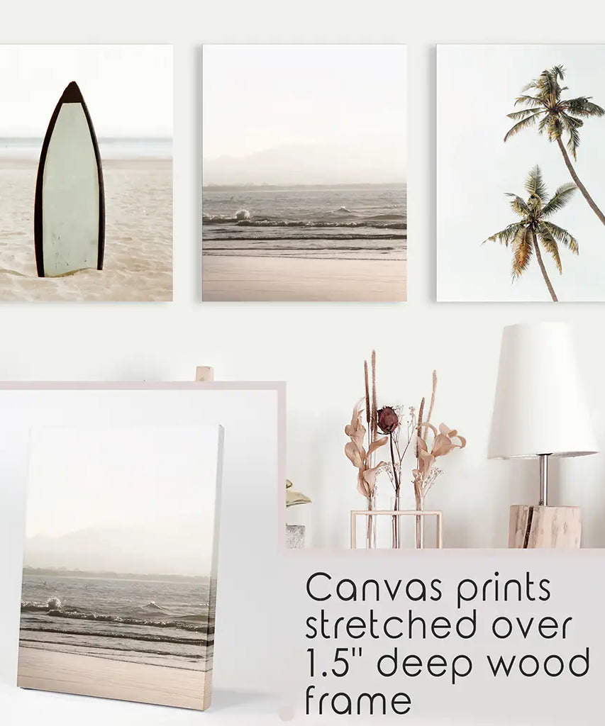 Beige Tones Coastal Wall Art. Surfboard, Ocean Beach, Palm