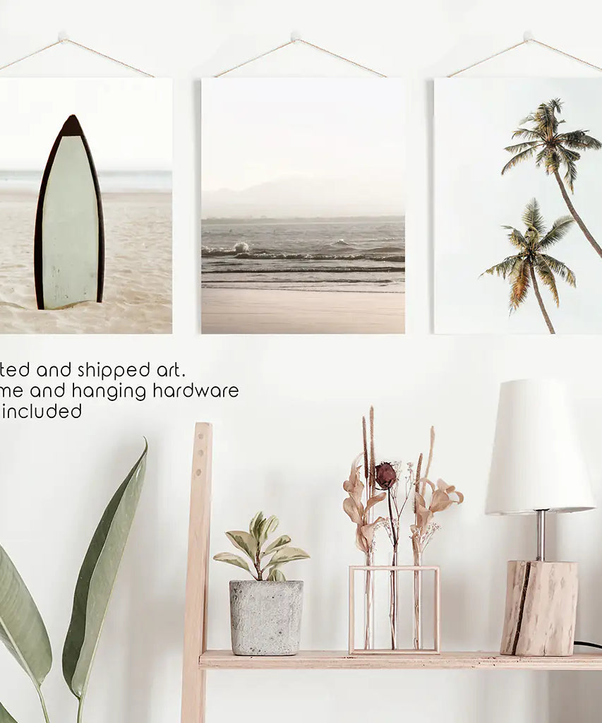 Beige Tones Coastal Wall Art. Surfboard, Ocean Beach, Palm