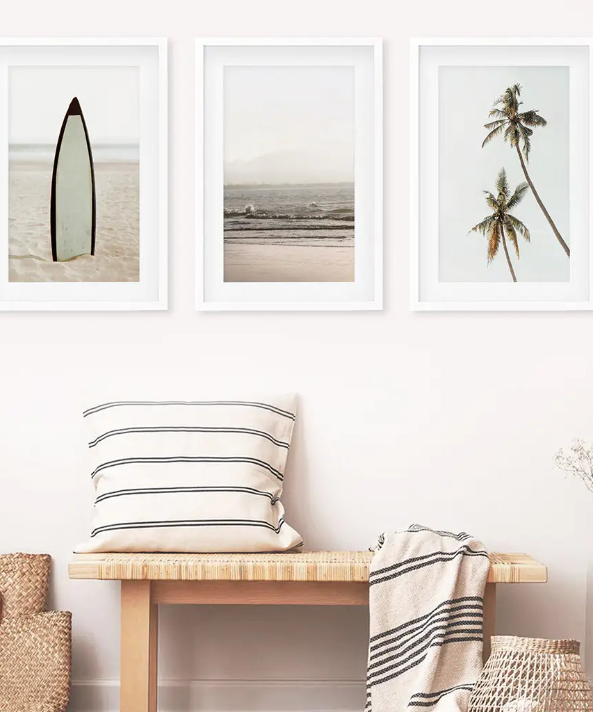 Beige Tones Coastal Wall Art. Surfboard, Ocean Beach, Palm