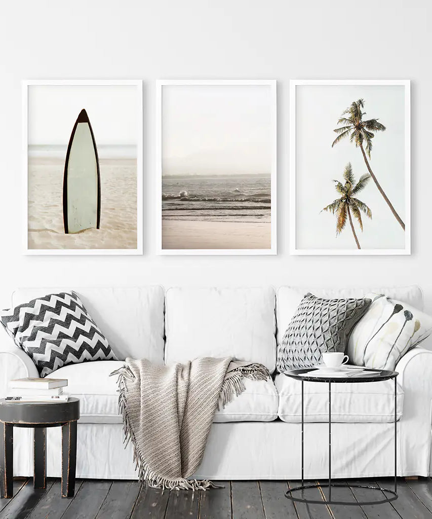 Beige Tones Coastal Wall Art. Surfboard, Ocean Beach, Palm