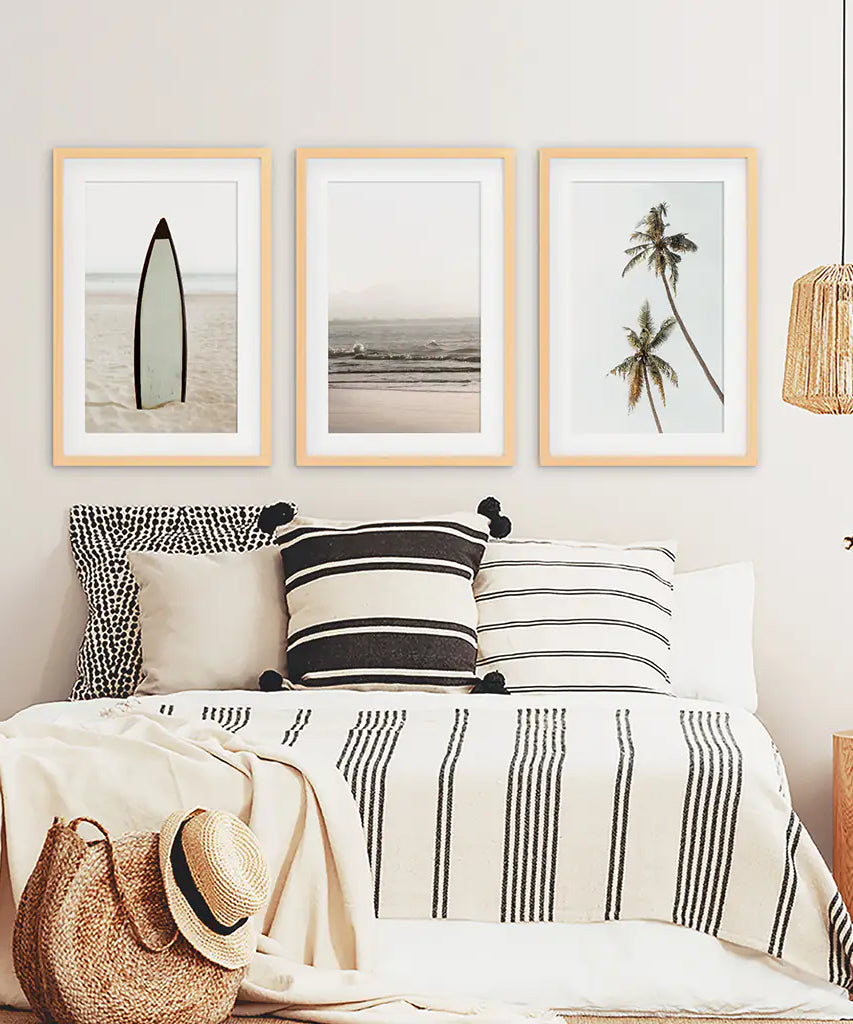 Beige Tones Coastal Wall Art. Surfboard, Ocean Beach, Palm