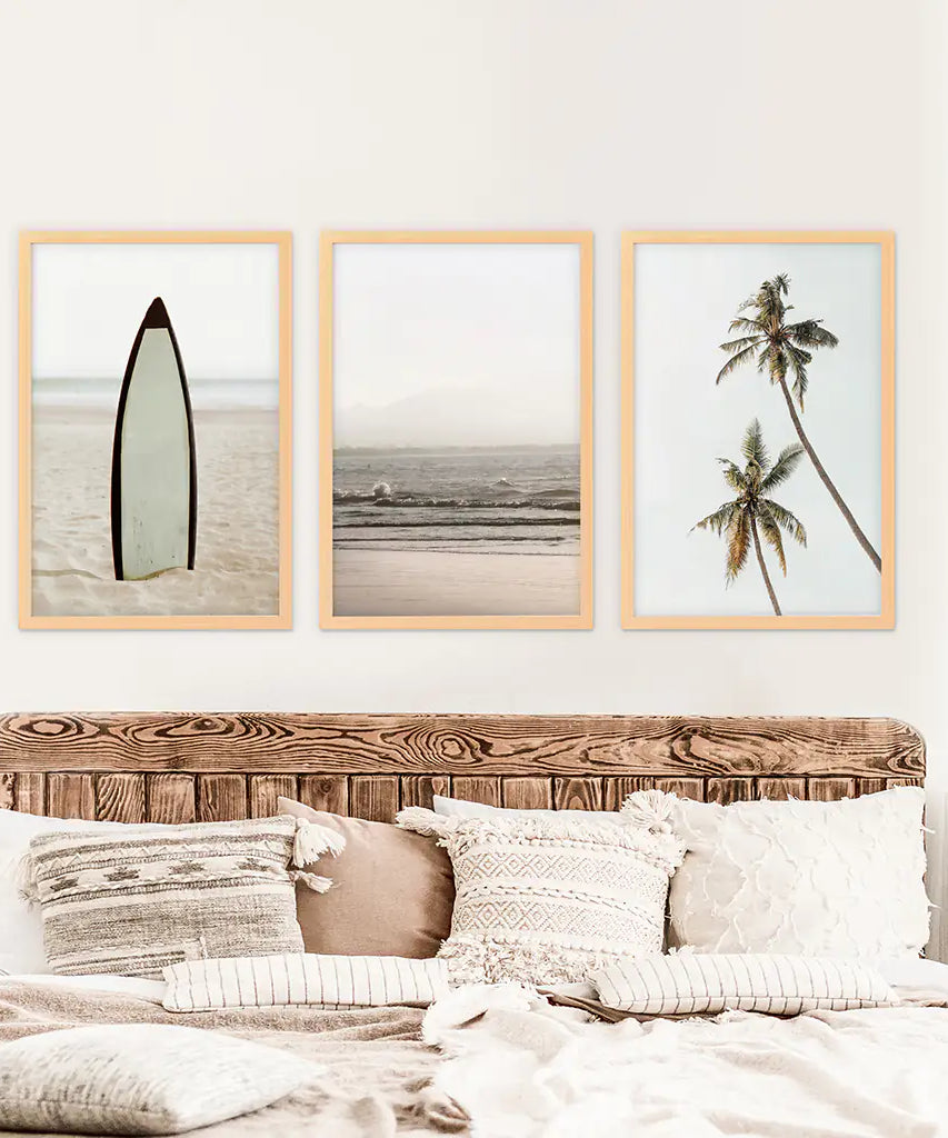 Beige Tones Coastal Wall Art. Surfboard, Ocean Beach, Palm