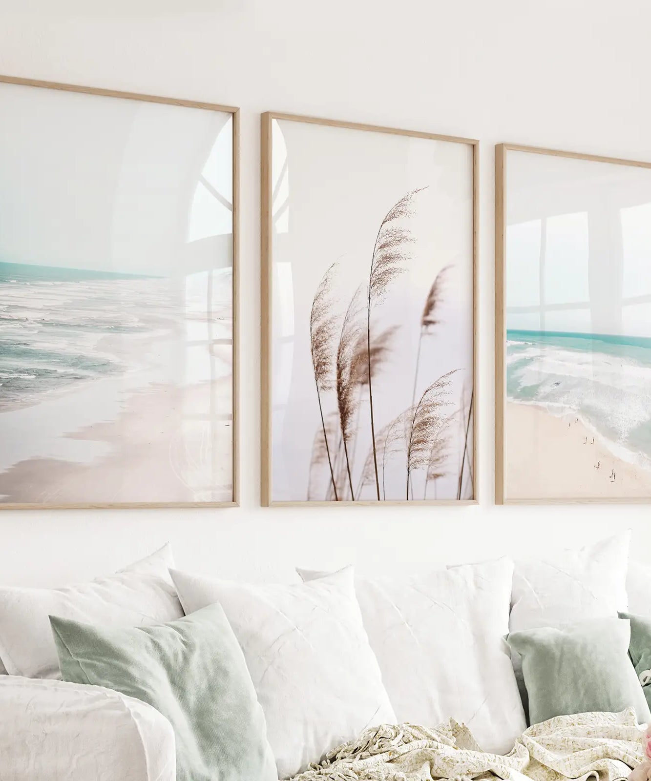 Coastal Boho Wall Art. Beach Pampas Grass, Blue Ocean Waves