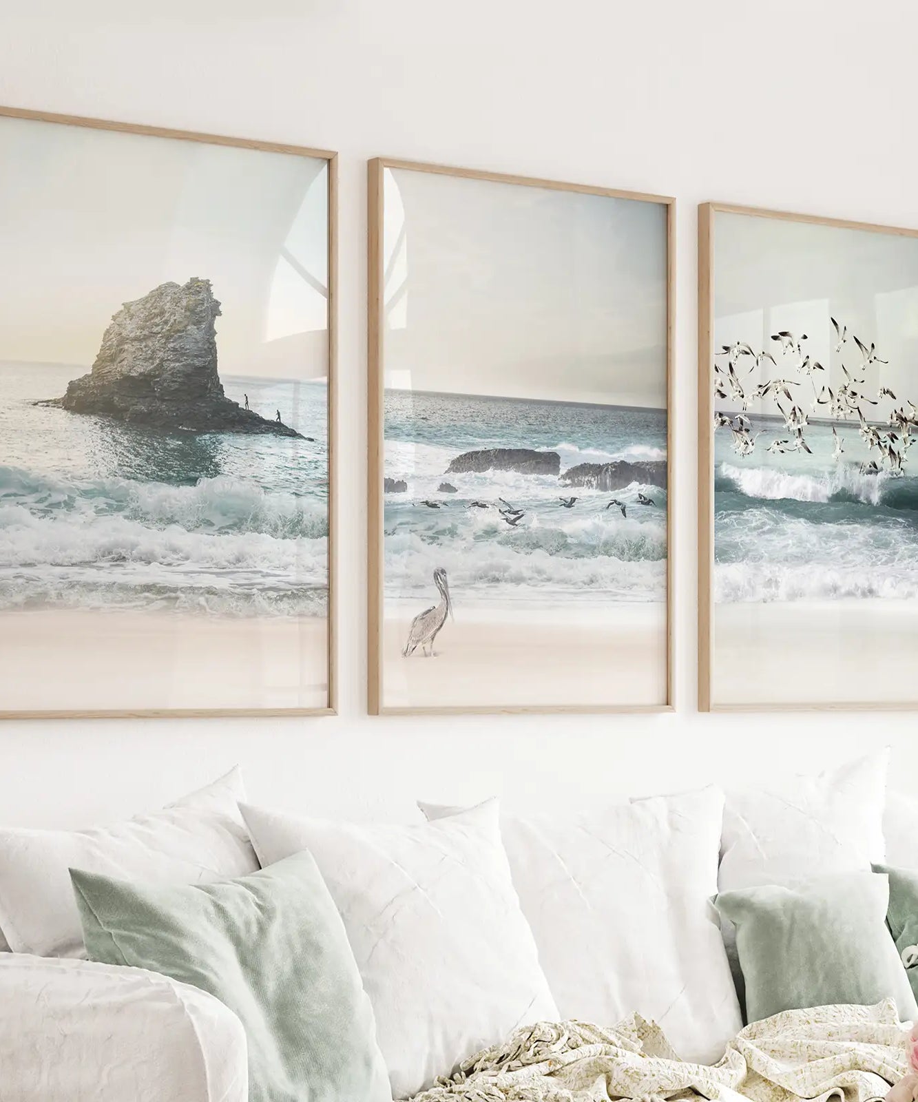 Ocean Beach with Rocks. Beige Blue Coastal Triptych