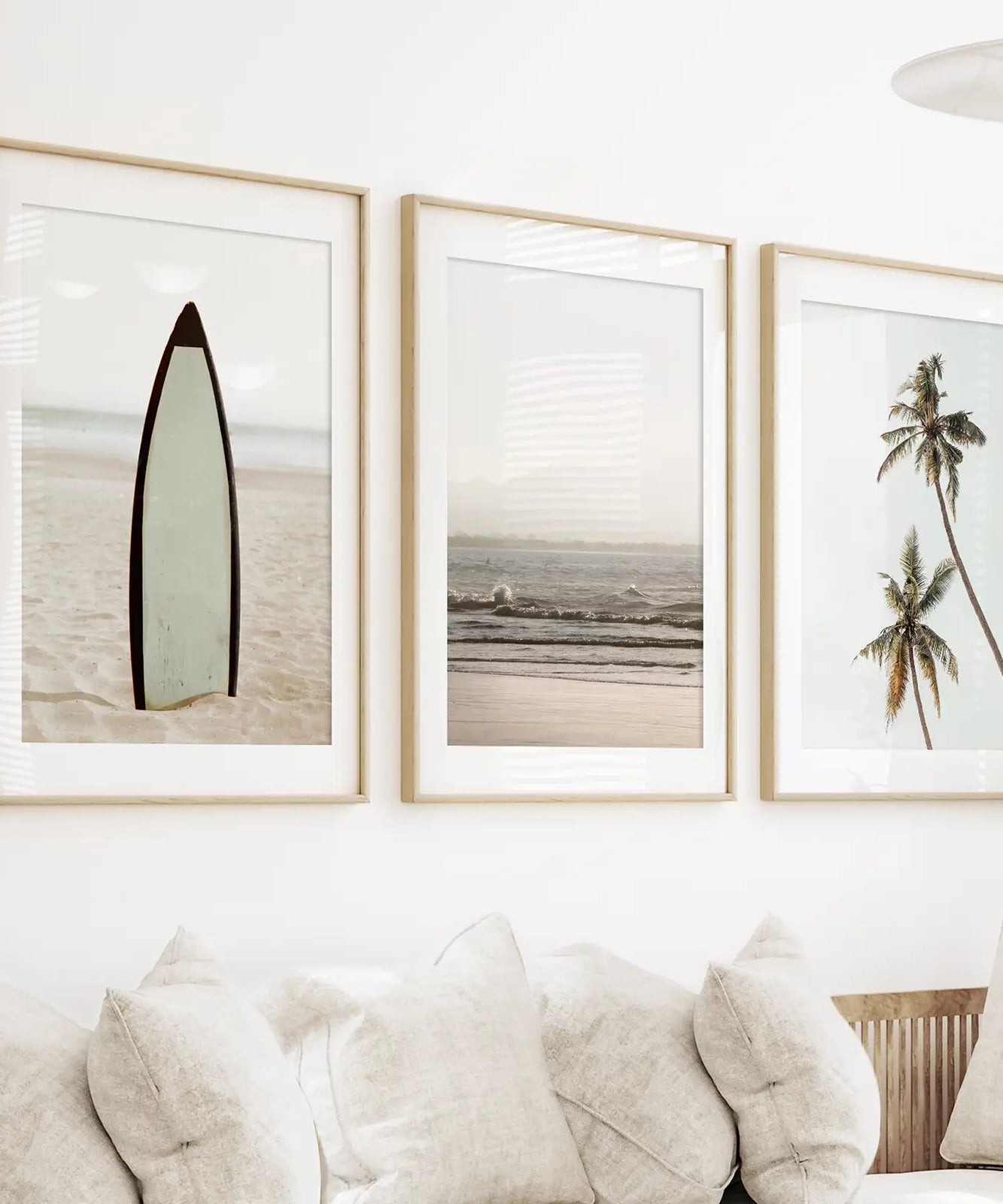 Beige Tones Coastal Wall Art. Surfboard, Ocean Beach, Palm