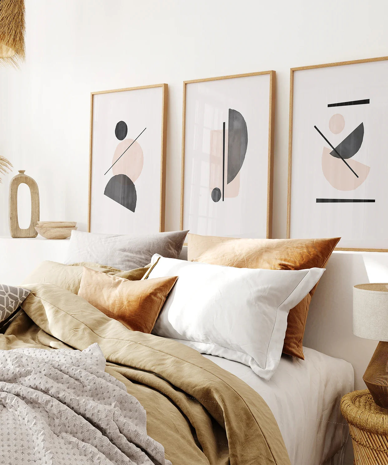 Mid-Century Modern Kunstdruck-Set: Beige & Schwarze Abstrakte Kunst