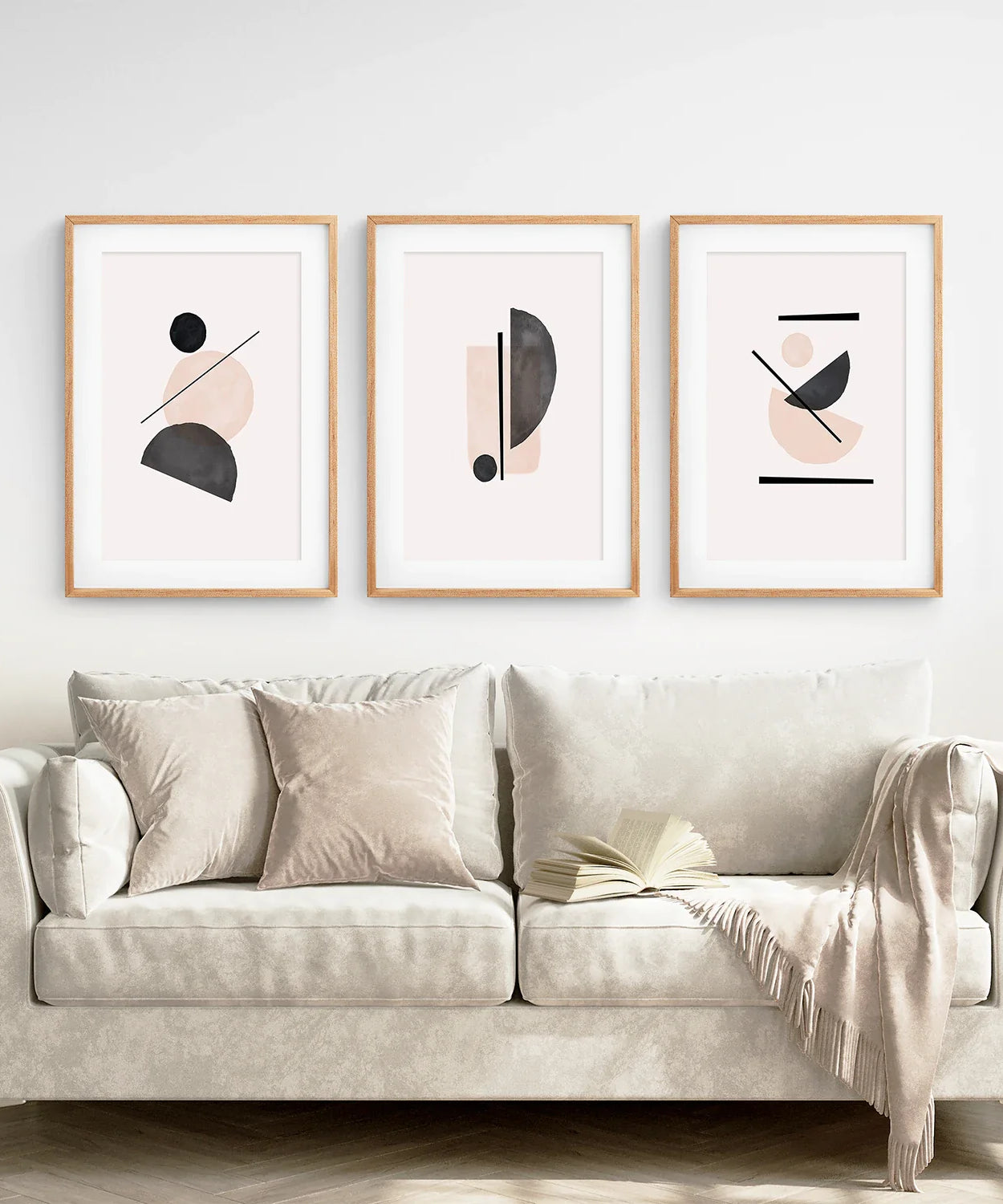 Mid-Century Modern Kunstdruck-Set: Beige & Schwarze Abstrakte Kunst