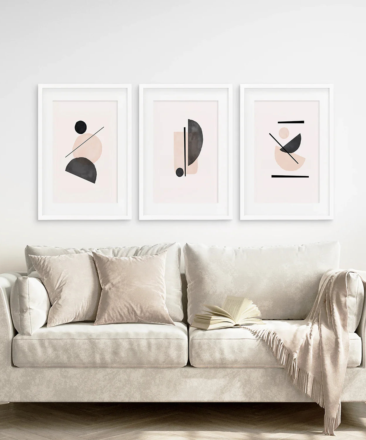 Mid-Century Modern Kunstdruck-Set: Beige & Schwarze Abstrakte Kunst