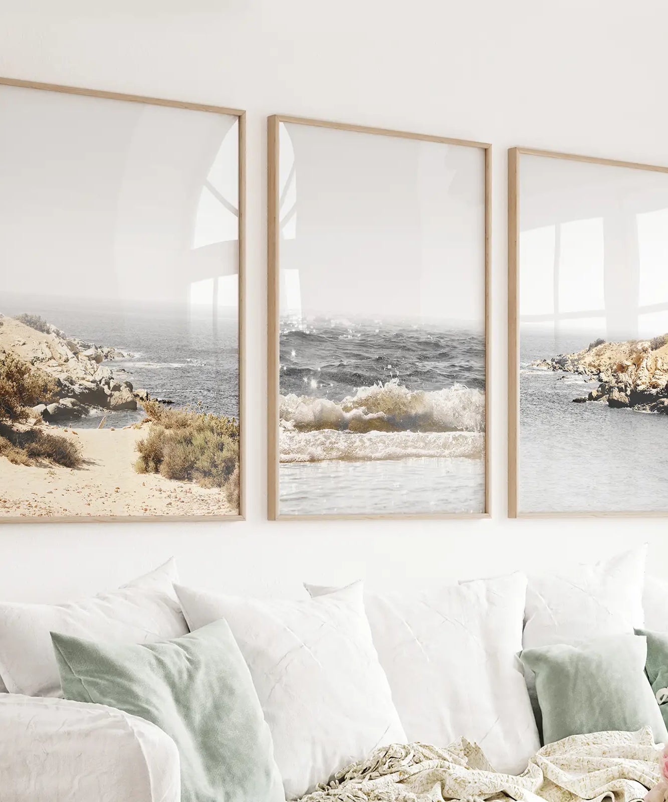 3 Piece Beige Ocean Beach Decor. Gray Waves with Rocks Wall Art