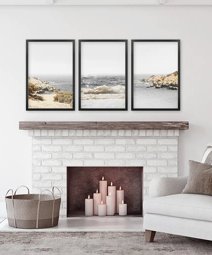 3 Piece Beige Ocean Beach Decor. Gray Waves with Rocks Wall Art