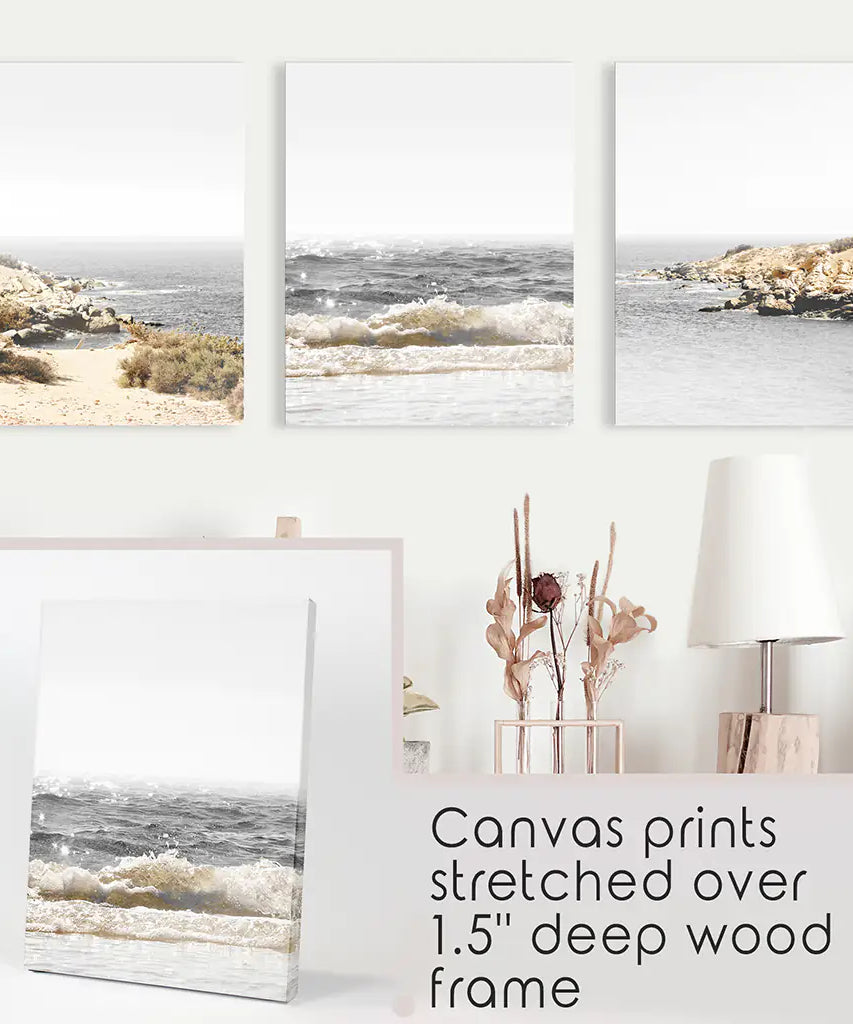 3 Piece Beige Ocean Beach Decor. Gray Waves with Rocks Wall Art