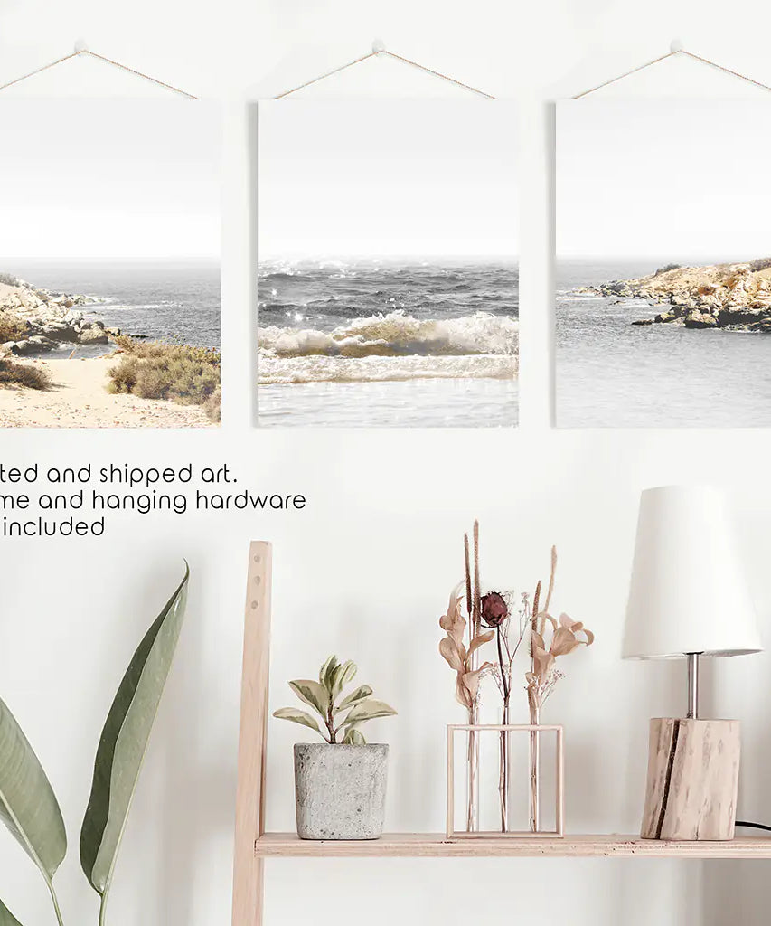 3 Piece Beige Ocean Beach Decor. Gray Waves with Rocks Wall Art