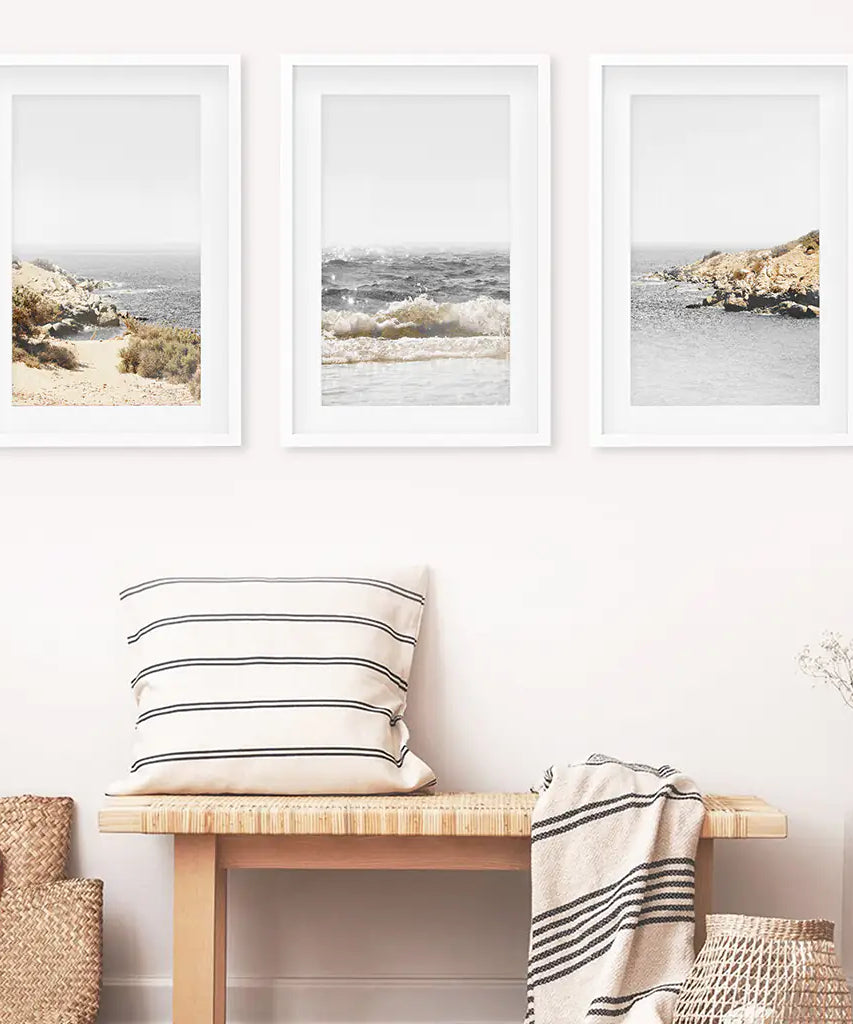 3 Piece Beige Ocean Beach Decor. Gray Waves with Rocks Wall Art