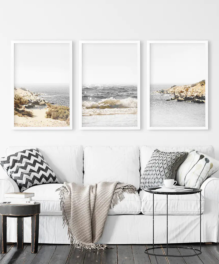 3 Piece Beige Ocean Beach Decor. Gray Waves with Rocks Wall Art