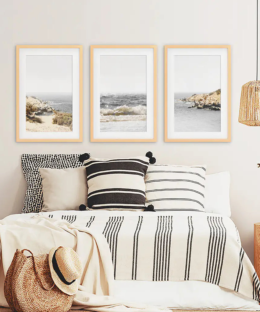 3 Piece Beige Ocean Beach Decor. Gray Waves with Rocks Wall Art