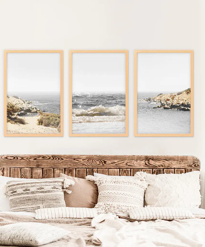 3 Piece Beige Ocean Beach Decor. Gray Waves with Rocks Wall Art