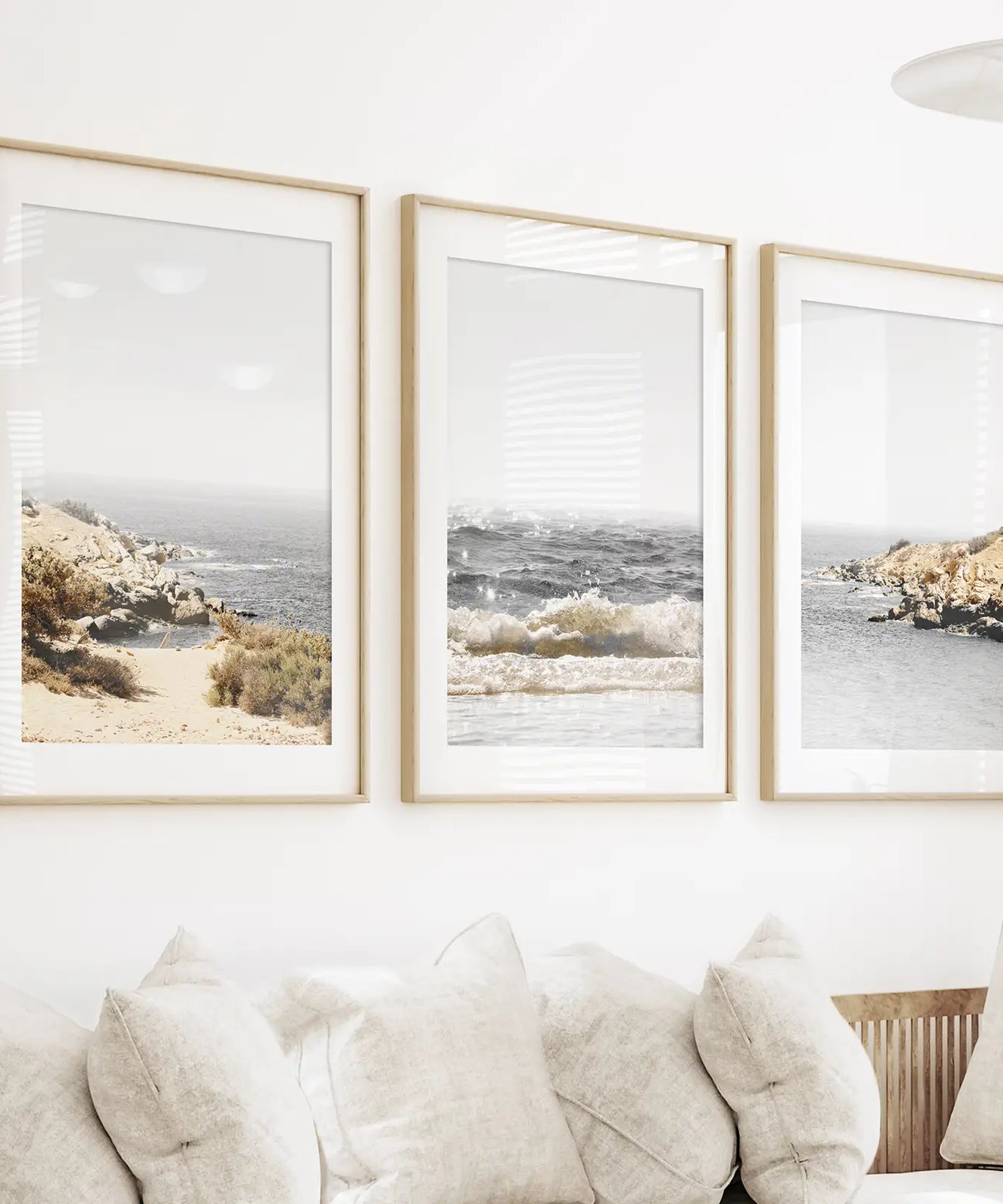 3 Piece Beige Ocean Beach Decor. Gray Waves with Rocks Wall Art