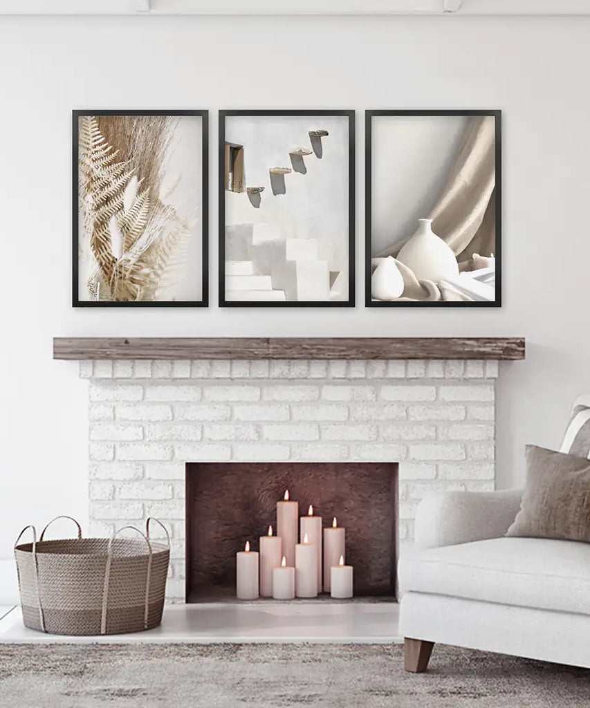 3 neutrale Boho-Wandbilder. Terrakotta-Vase und Treppe