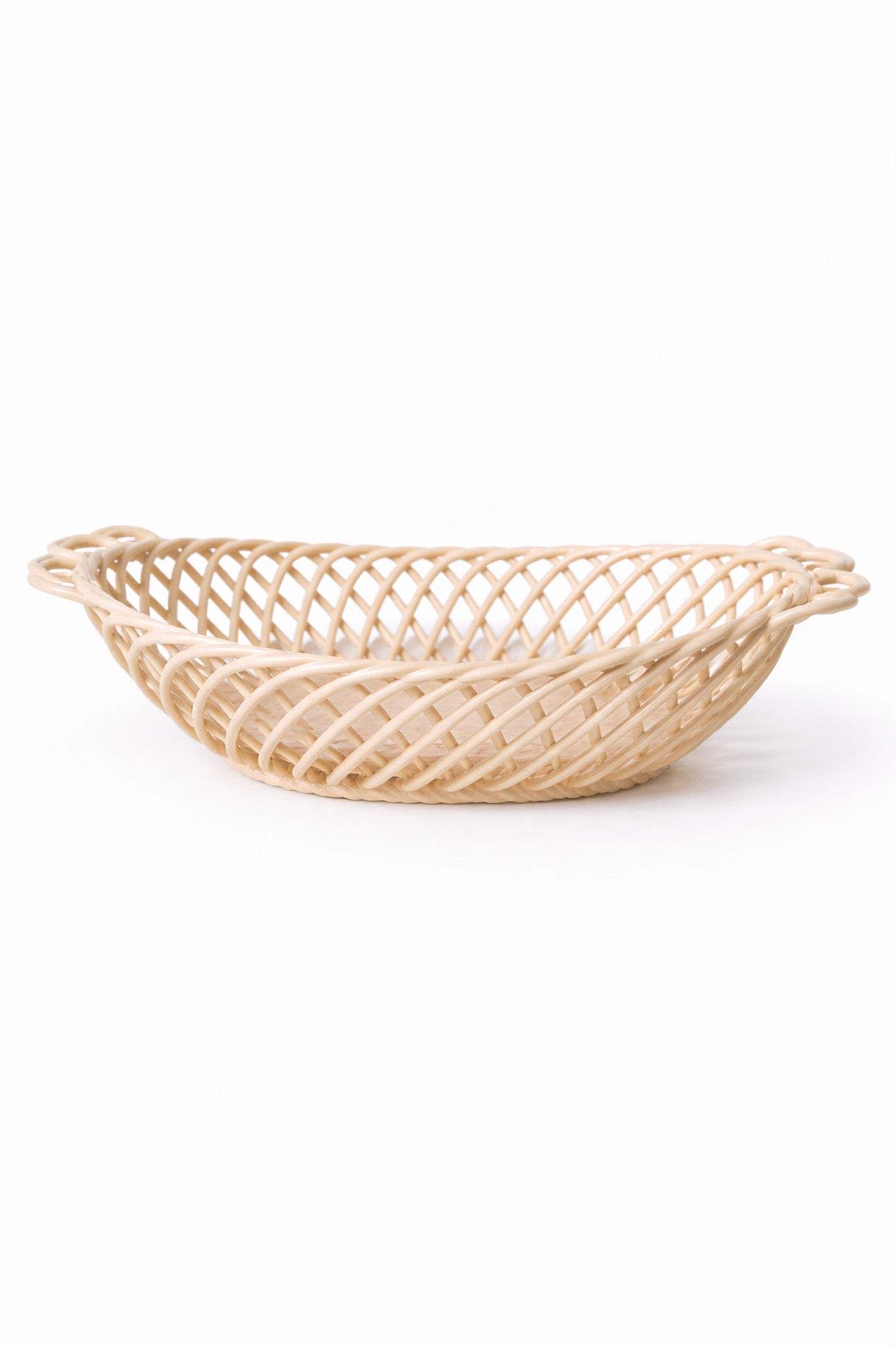 Ceramic Oval Basket – Hand-Woven Dish in White, Beige & Pink Glazed Porcelain