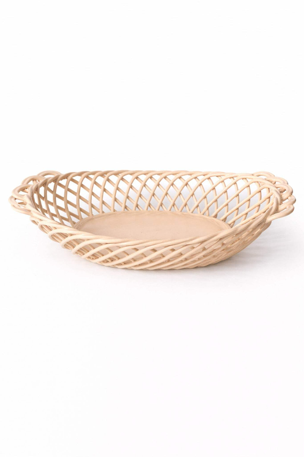 Ceramic Oval Basket – Hand-Woven Dish in White, Beige & Pink Glazed Porcelain