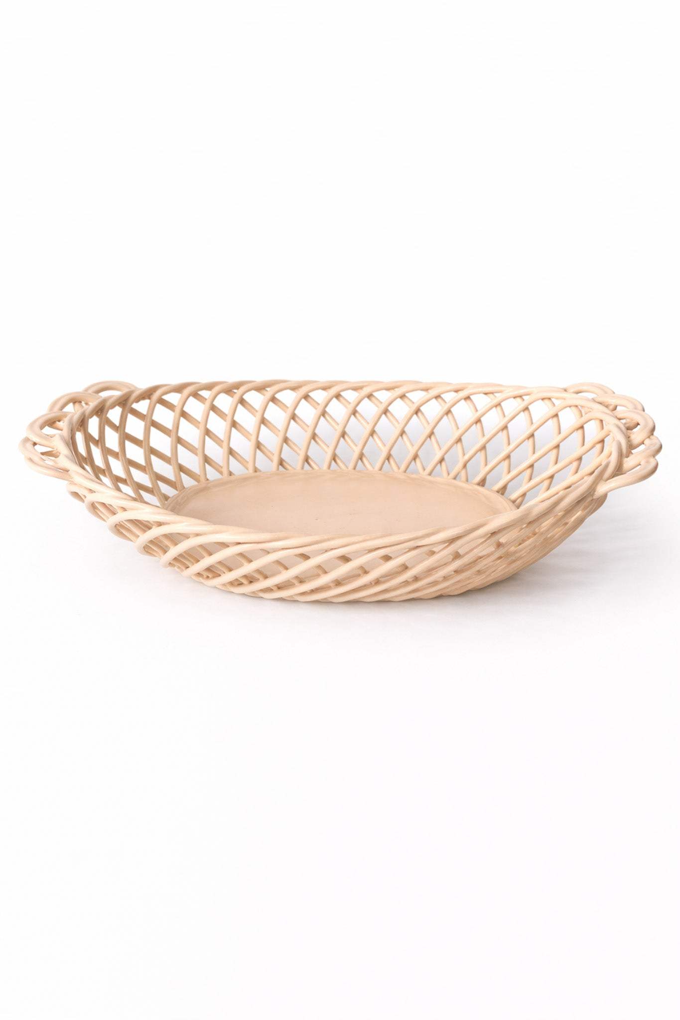 Ceramic Oval Basket – Hand-Woven Dish in White, Beige & Pink Glazed Porcelain