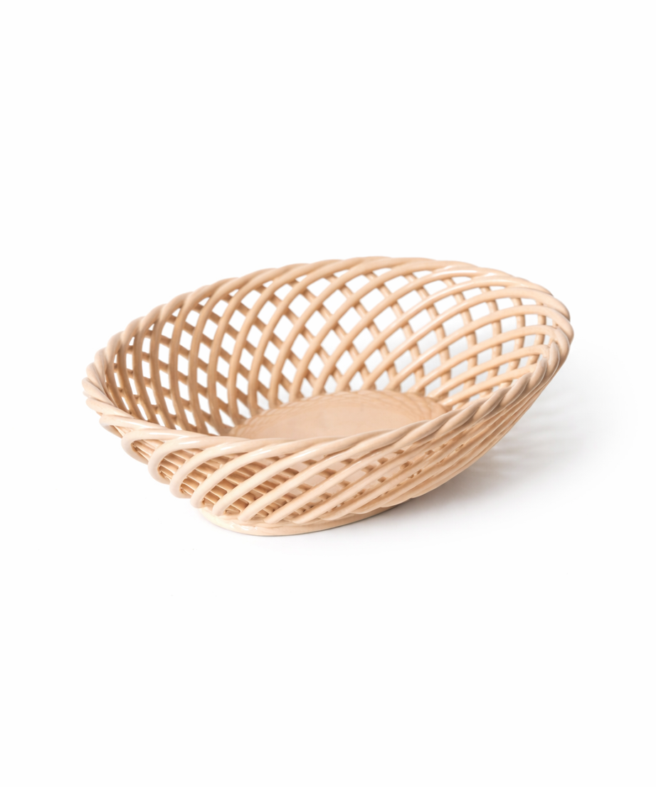 Handgewebter Keramikkorb – Kleine ovale Porzellanschale in Weiß, Beige & Rosa