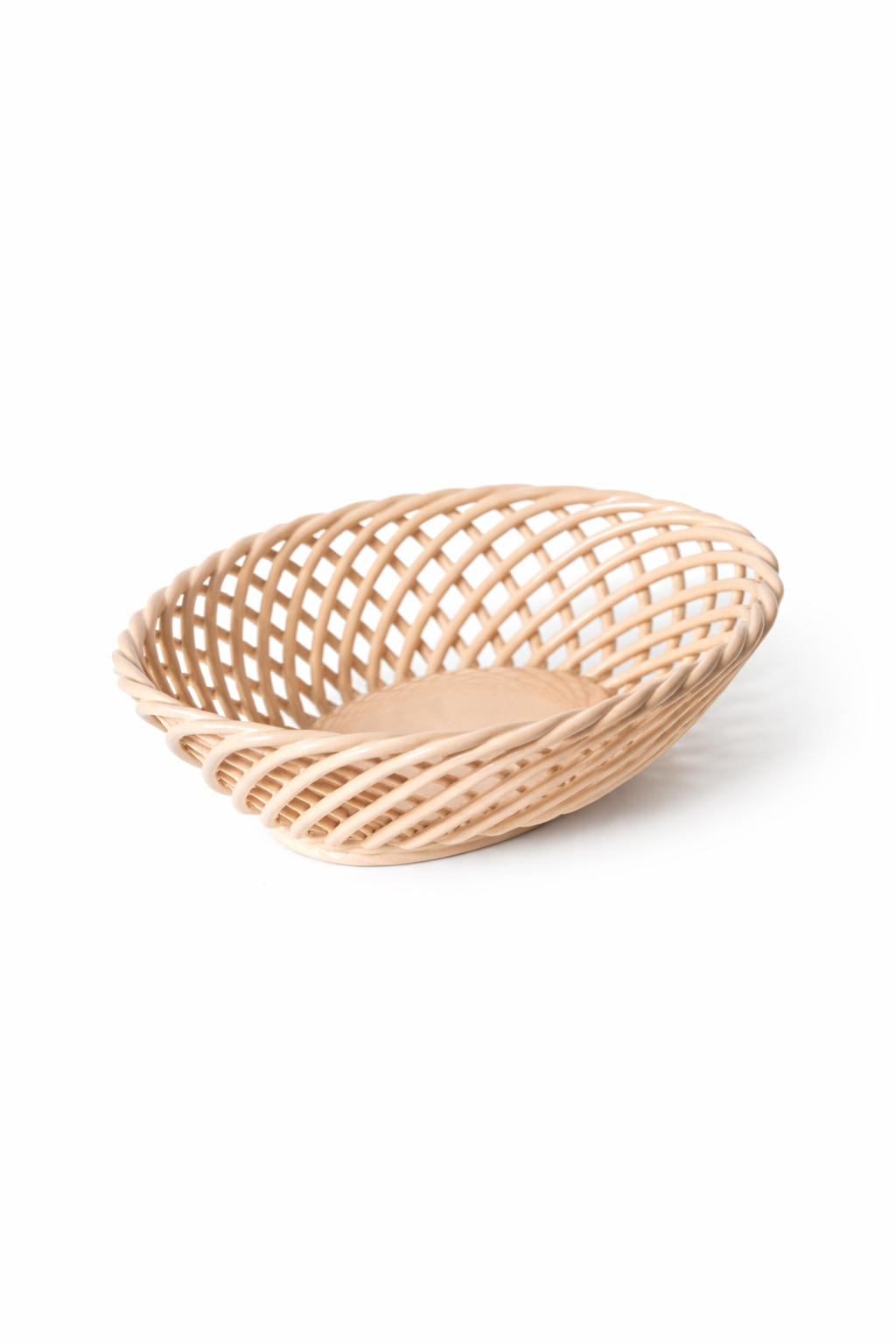 Hand-Woven Ceramic Basket -Small Oval Porcelain Dish in White, Beige & Pink