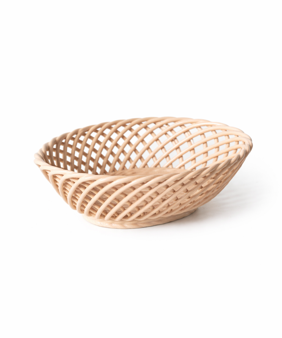 Handgewebter Keramikkorb – Kleine ovale Porzellanschale in Weiß, Beige & Rosa