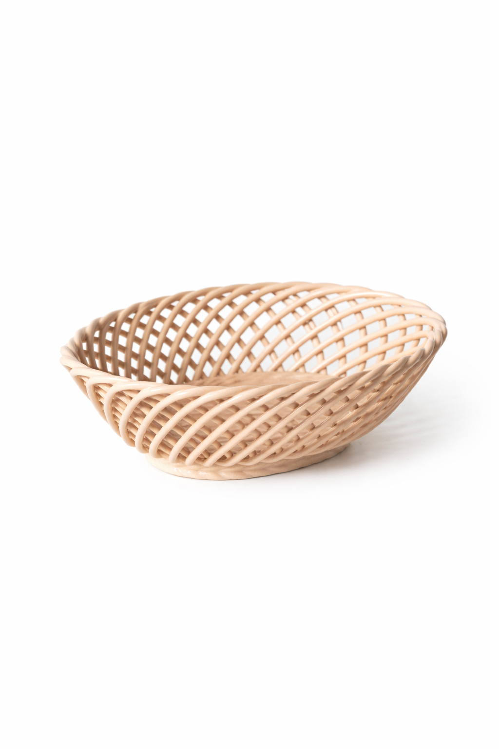 Hand-Woven Ceramic Basket -Small Oval Porcelain Dish in White, Beige & Pink