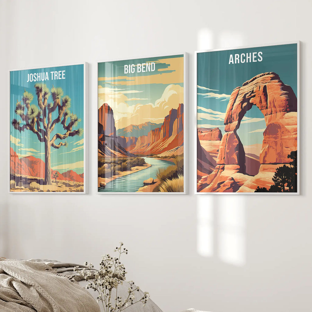 3 Piece USA National Park Art. Big Bend, Arches, Joshua Tree