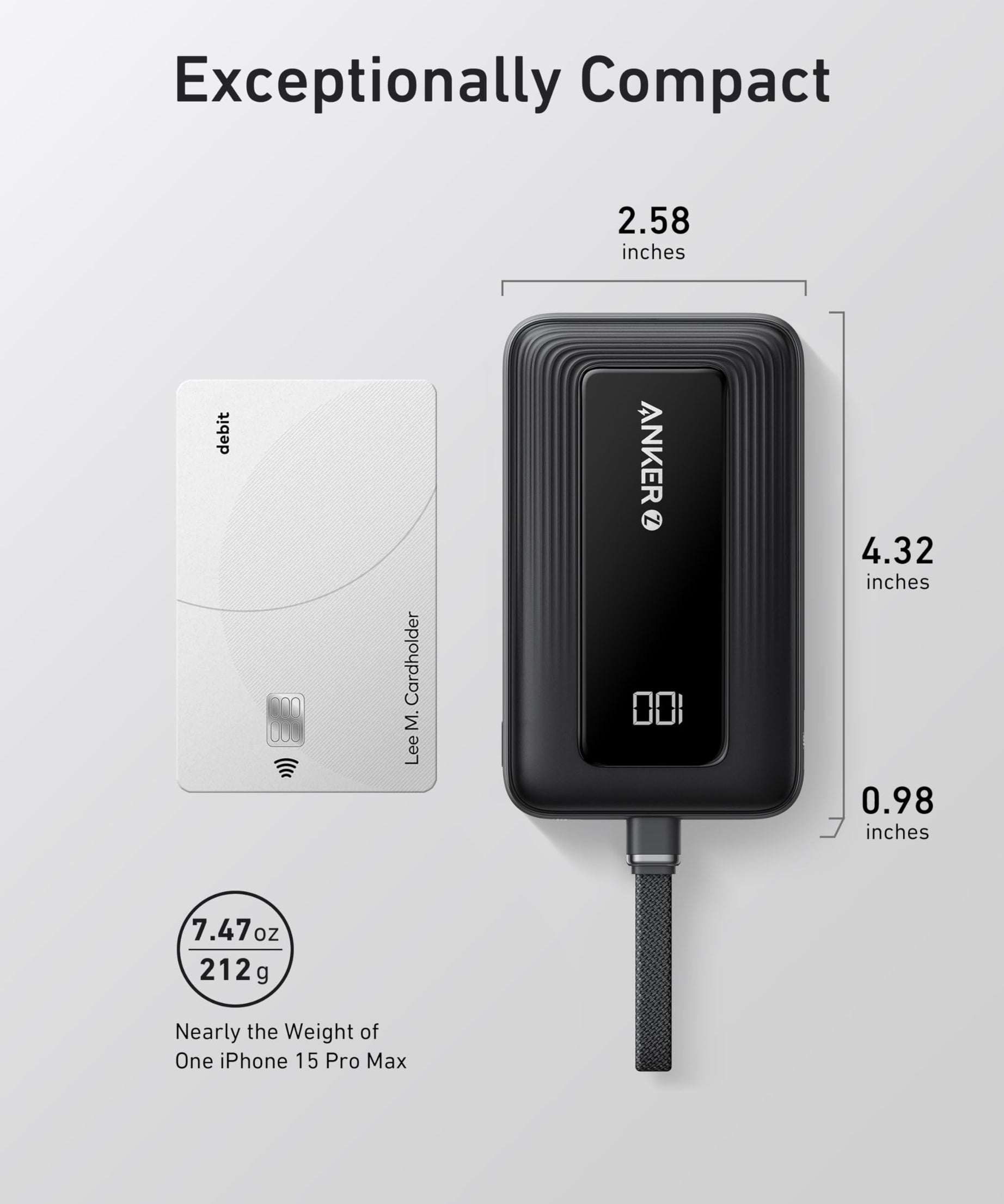 Anker Zolo Power Bank (10K, 30W) with a 5.4-inch (13.7 cm) built-in USB-C cable.