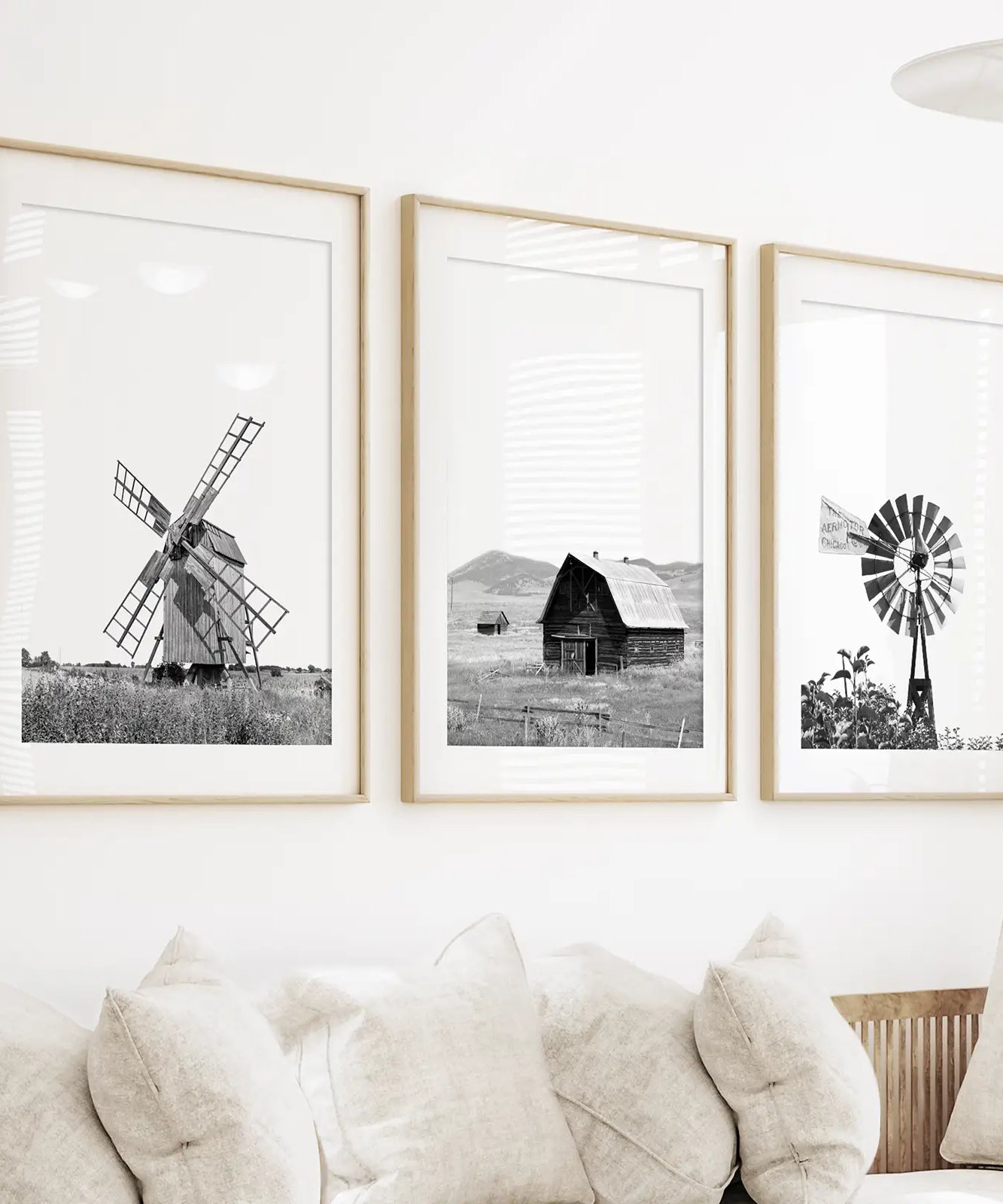 Black White Set of 3 Farm Style Prints. Windmill, Barn, Vane