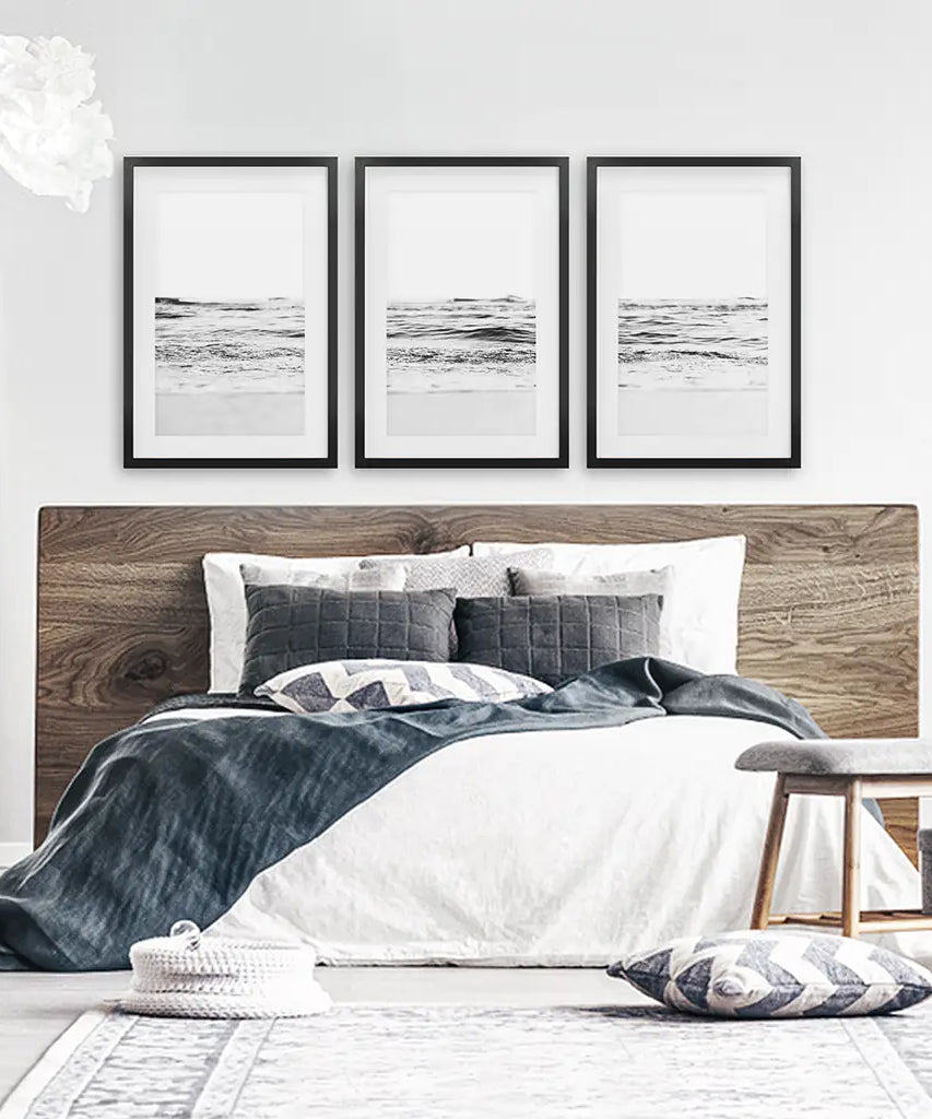 Black White Minimalist Beach Wave Wall Art. 3 Piece Decor