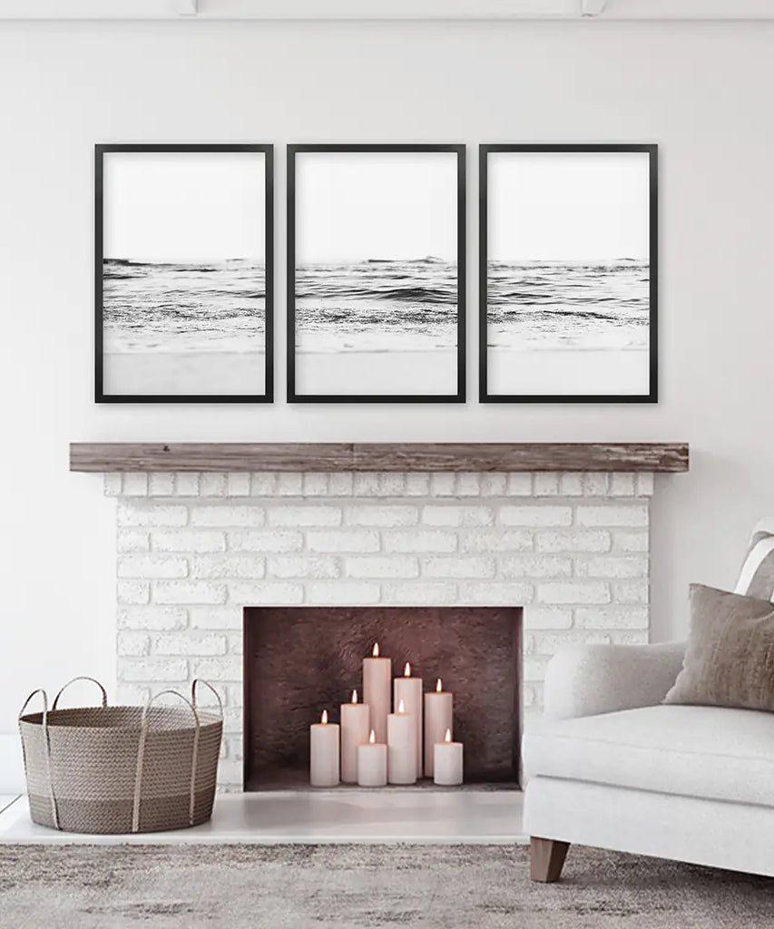 Black White Minimalist Beach Wave Wall Art. 3 Piece Decor