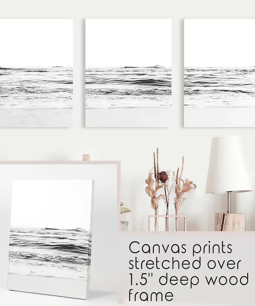 Black White Minimalist Beach Wave Wall Art. 3 Piece Decor