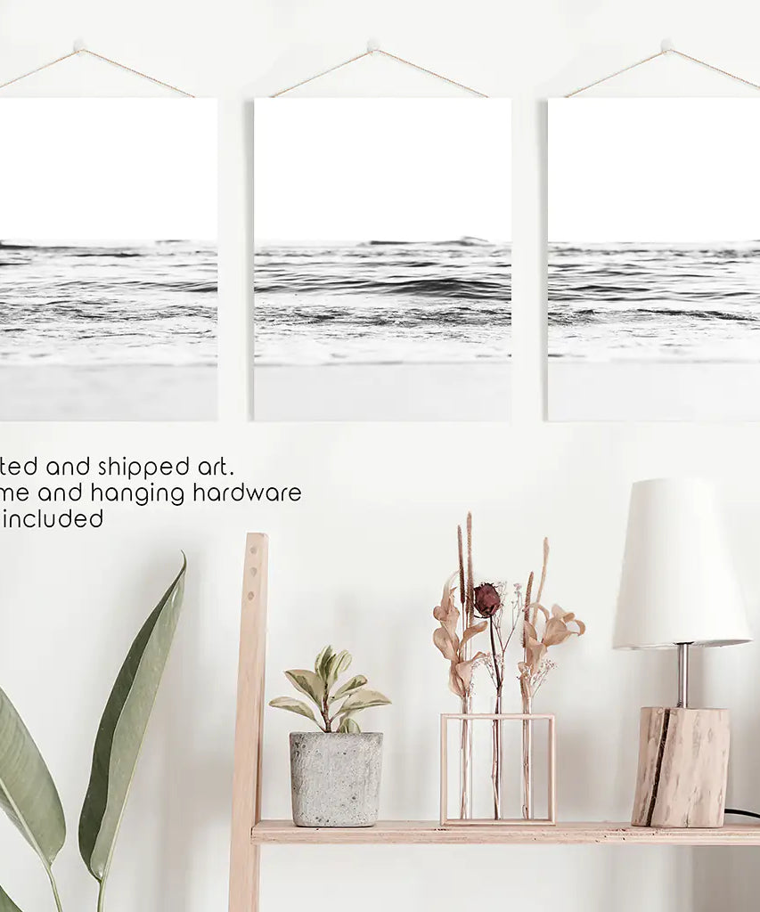 Black White Minimalist Beach Wave Wall Art. 3 Piece Decor