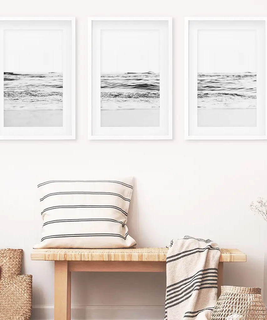 Black White Minimalist Beach Wave Wall Art. 3 Piece Decor