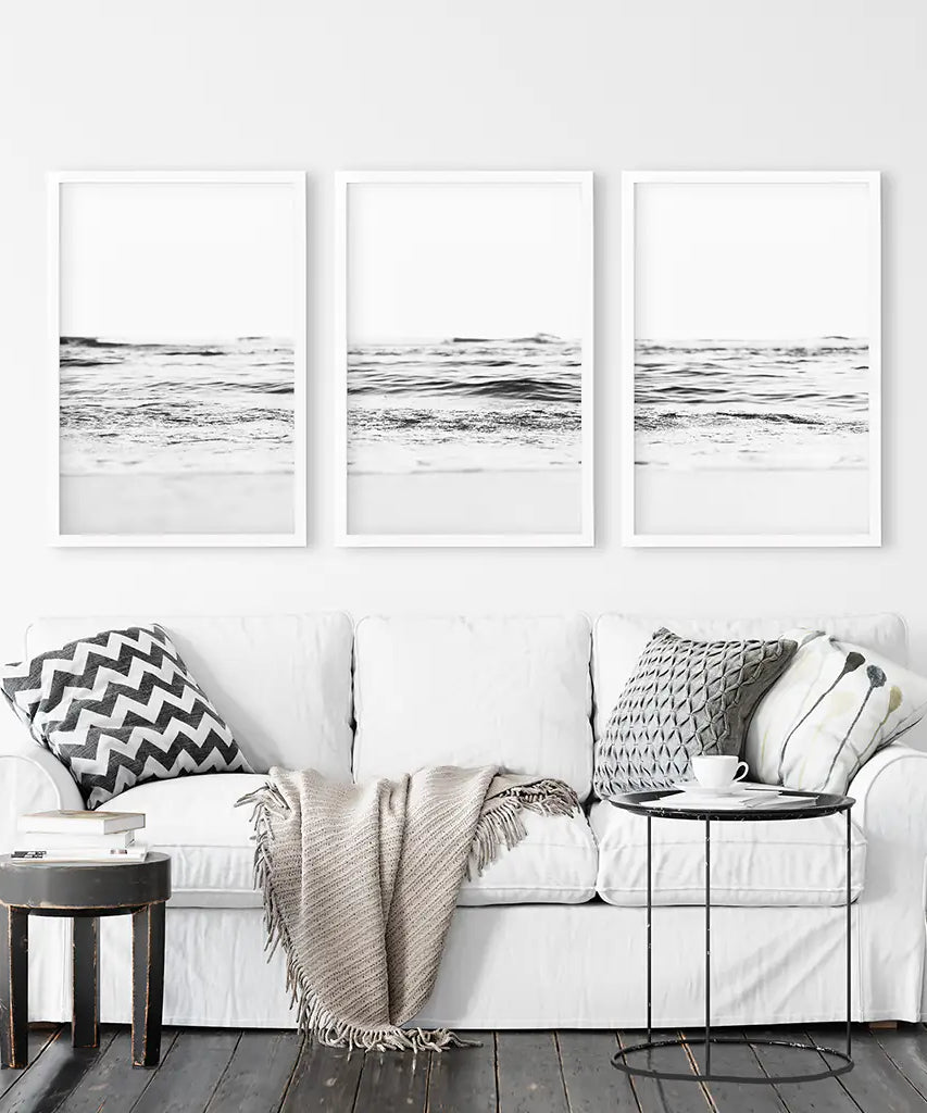Black White Minimalist Beach Wave Wall Art. 3 Piece Decor