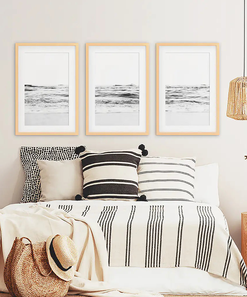 Black White Minimalist Beach Wave Wall Art. 3 Piece Decor