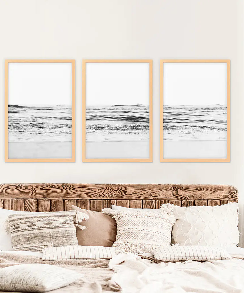Black White Minimalist Beach Wave Wall Art. 3 Piece Decor
